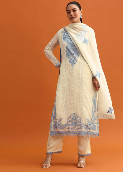 White Resham Work Kurta Set With Dupatta