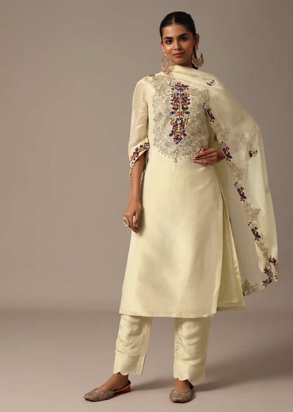 White Embroidered Kurta Pant Set With Dupatta