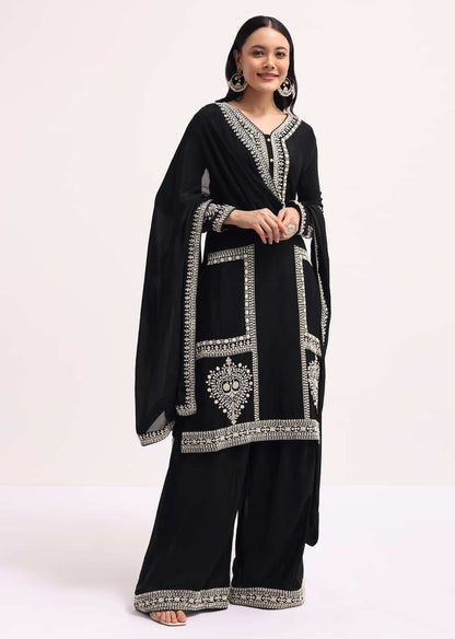 Black Chiffon Kurta Palazzo Set With Resham Work