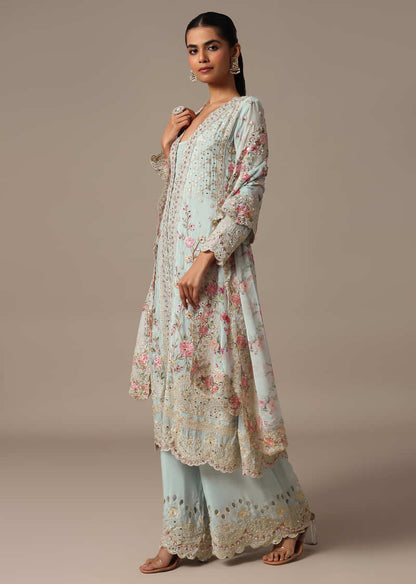 Blue Embroidered Kurta Palazzo Set With Floral Printed Dupatta