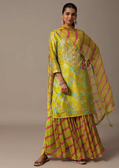 Green Printed Kurta Sharara Set In Gotta Work