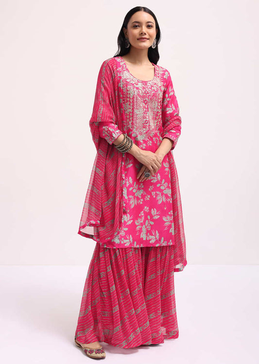 Pink Printed Tussar Kurta Sharara Set With Gotta Pati