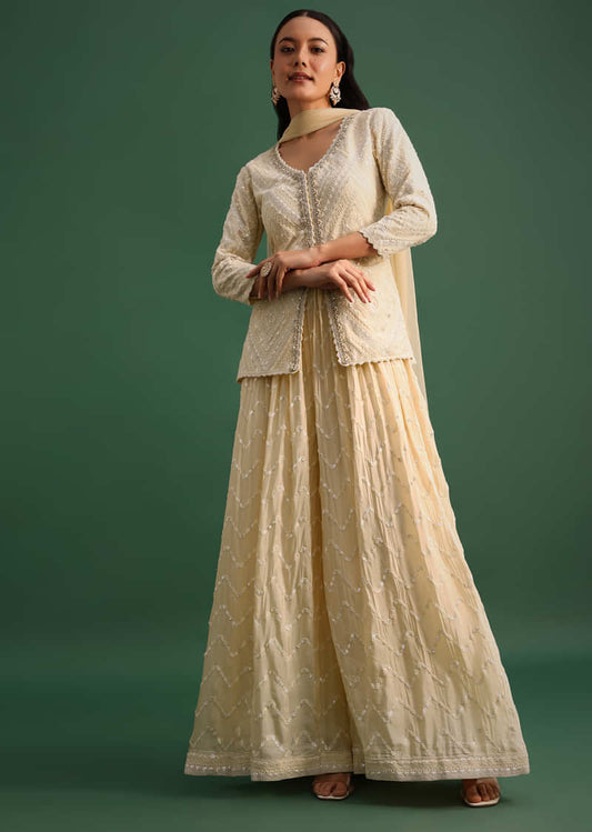 Ivory Chiffon Kurta Palazzo Set With Sequin And Resham Work