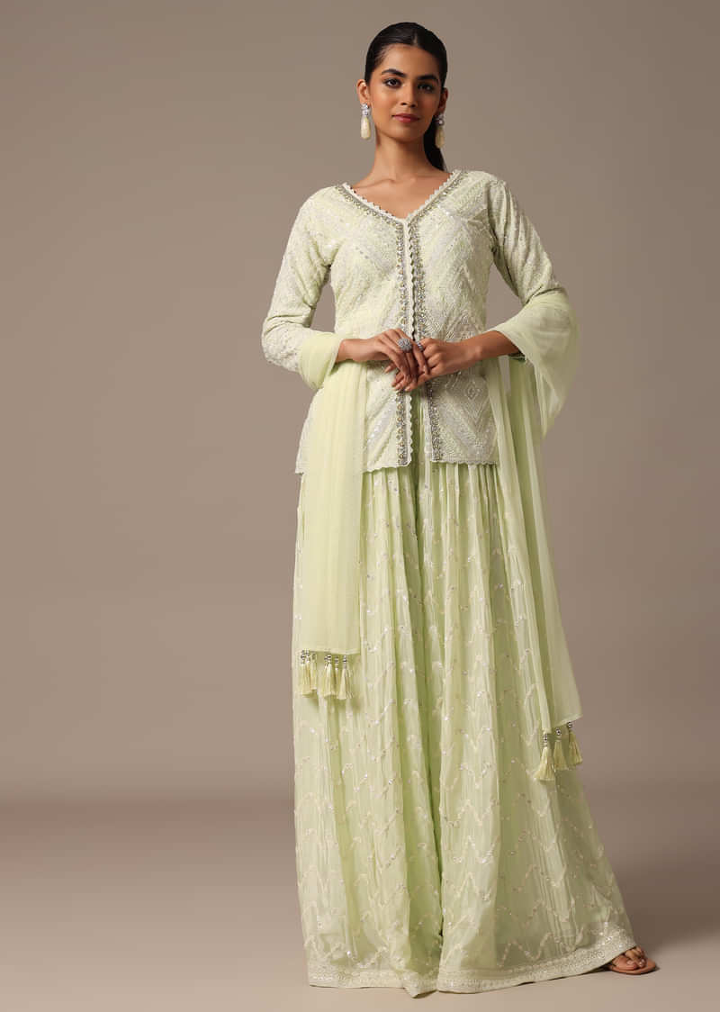 Green Kurta Palazzo Set With Dupatta In Thread Work