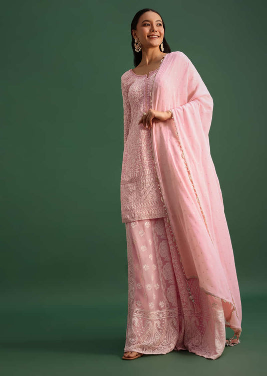 Baby Pink Georgette Kurta Palazzo Set With Lucknowi Work