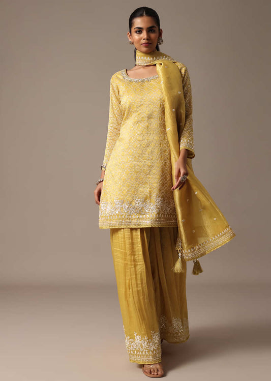 Yellow Embroidered Kurta Palazzo Set With Dupatta