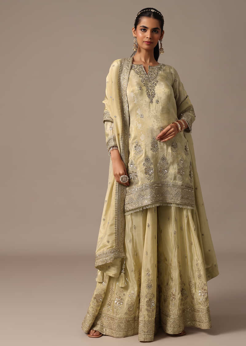 Gold Embroidered Kurta Palazzo Set With Dupatta