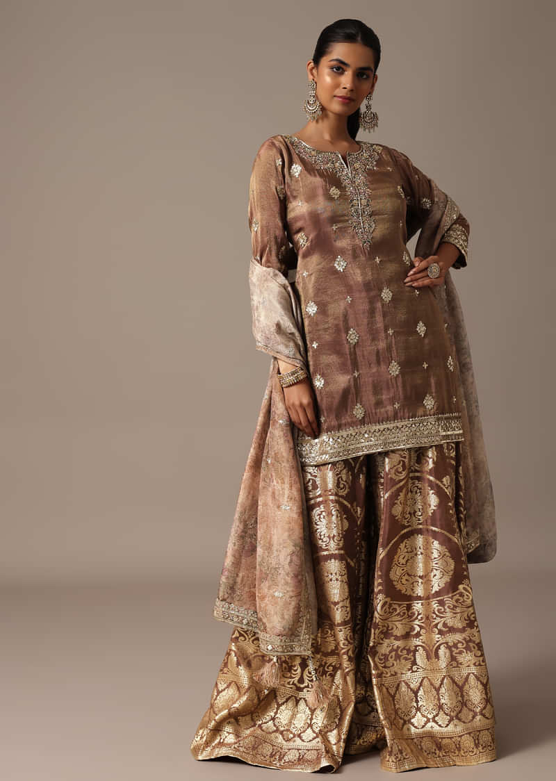 Brown Embroidered Kurta With Banarasi Weave Palazzo And Printed Dupatta