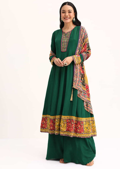 Green Embroidered Satin Kurta Palazzo With Dupatta