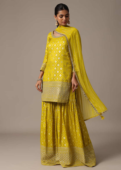 Green Kurta Sharara With Sequins Work And Bandhani Printed Dupatta