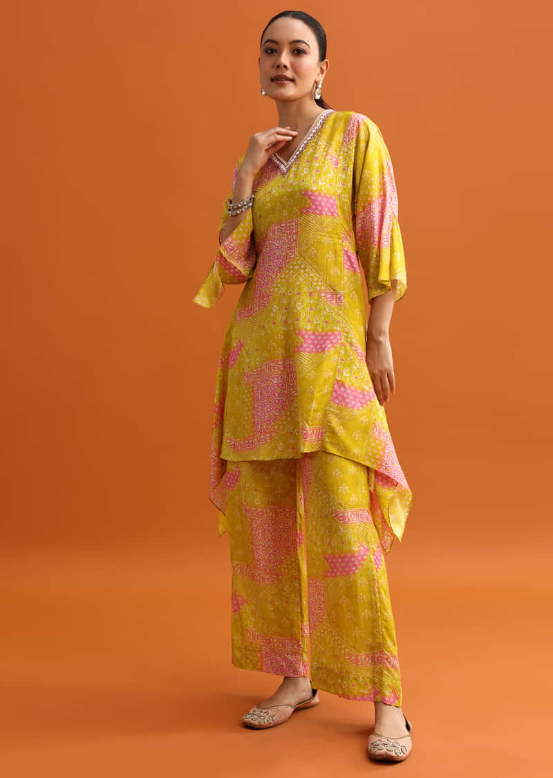 Yellow Printed Asymmetrical Kurta And Pant