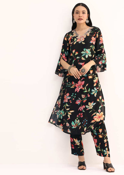 Black Floral Printed Crepe Kurta And Pant In Sequins Work