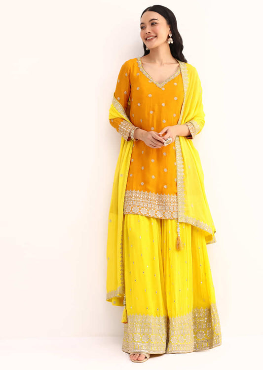 Orange And Yellow Kurta Palazzo With Dupatta In Zari Work