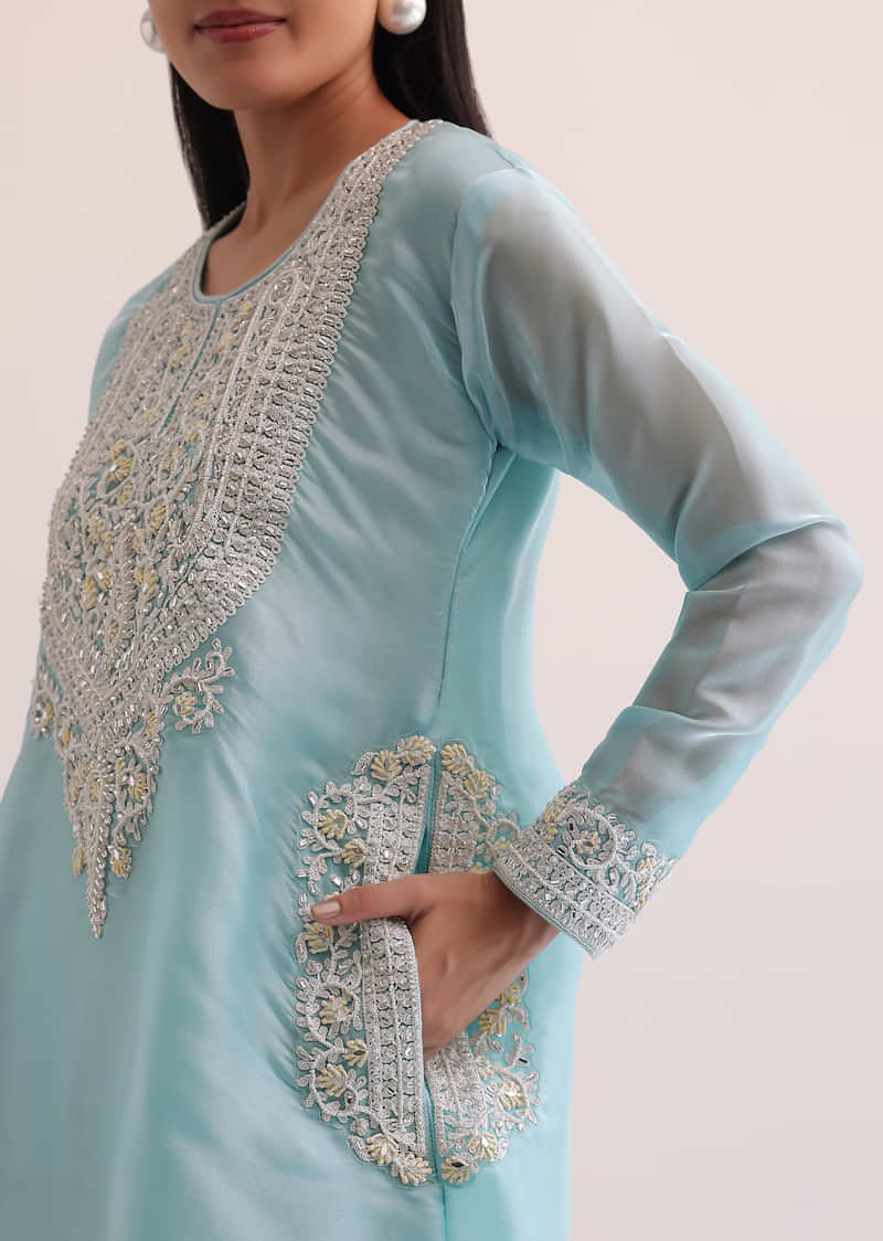 Sky Blue Embroidered Kurta With Palazzo