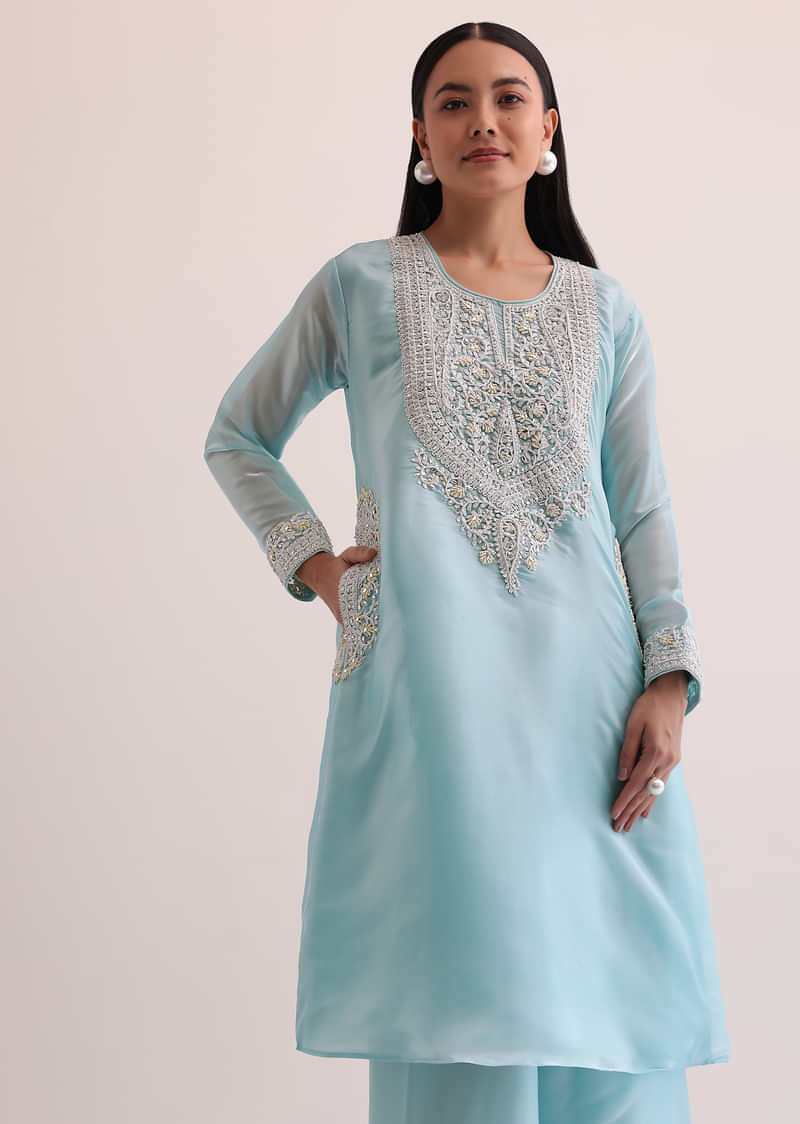 Sky Blue Embroidered Kurta With Palazzo