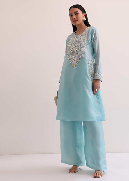 Sky Blue Embroidered Kurta With Palazzo