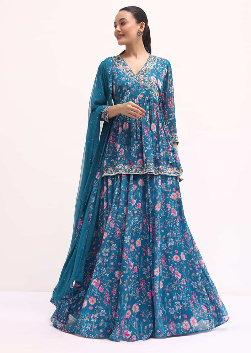 Teal Blue Embroidered Kurta Lehenga Set