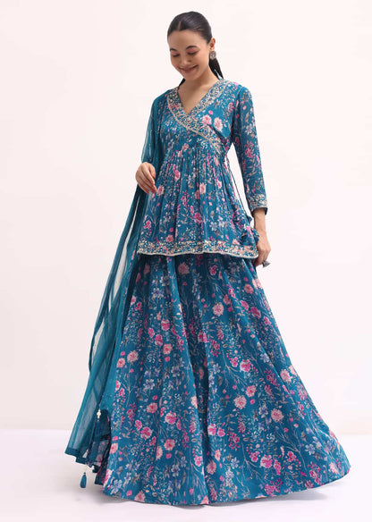 Teal Blue Embroidered Kurta Lehenga Set