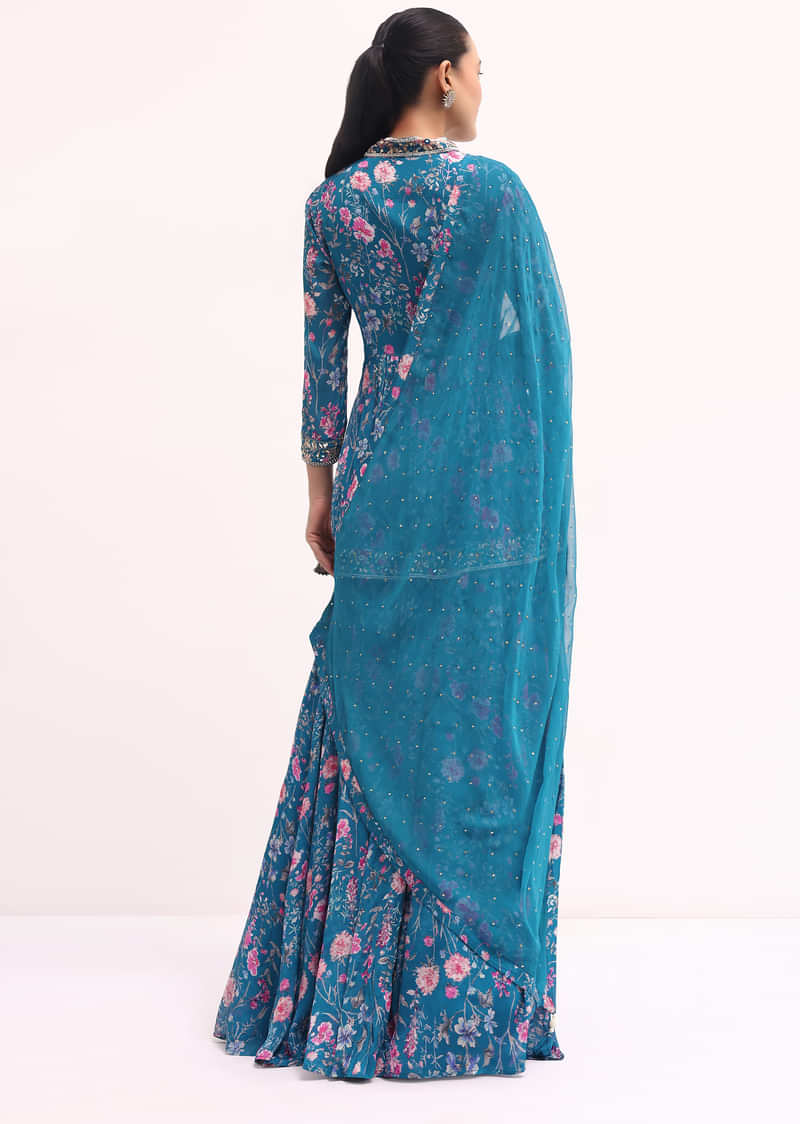 Teal Blue Embroidered Kurta Lehenga Set