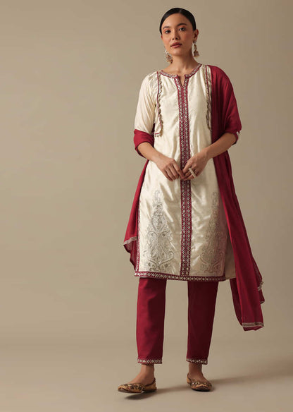 White Chanderi Silk Kurta Set With Colorblock Detail