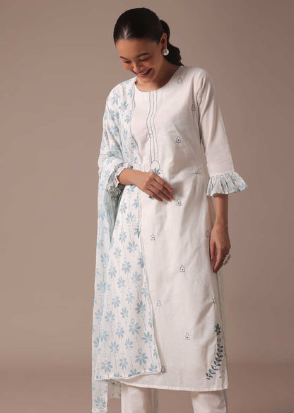 White Embroidered Cotton Kurta Pant Set