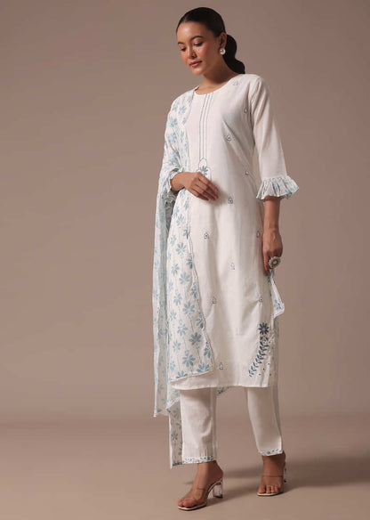 White Embroidered Cotton Kurta Pant Set