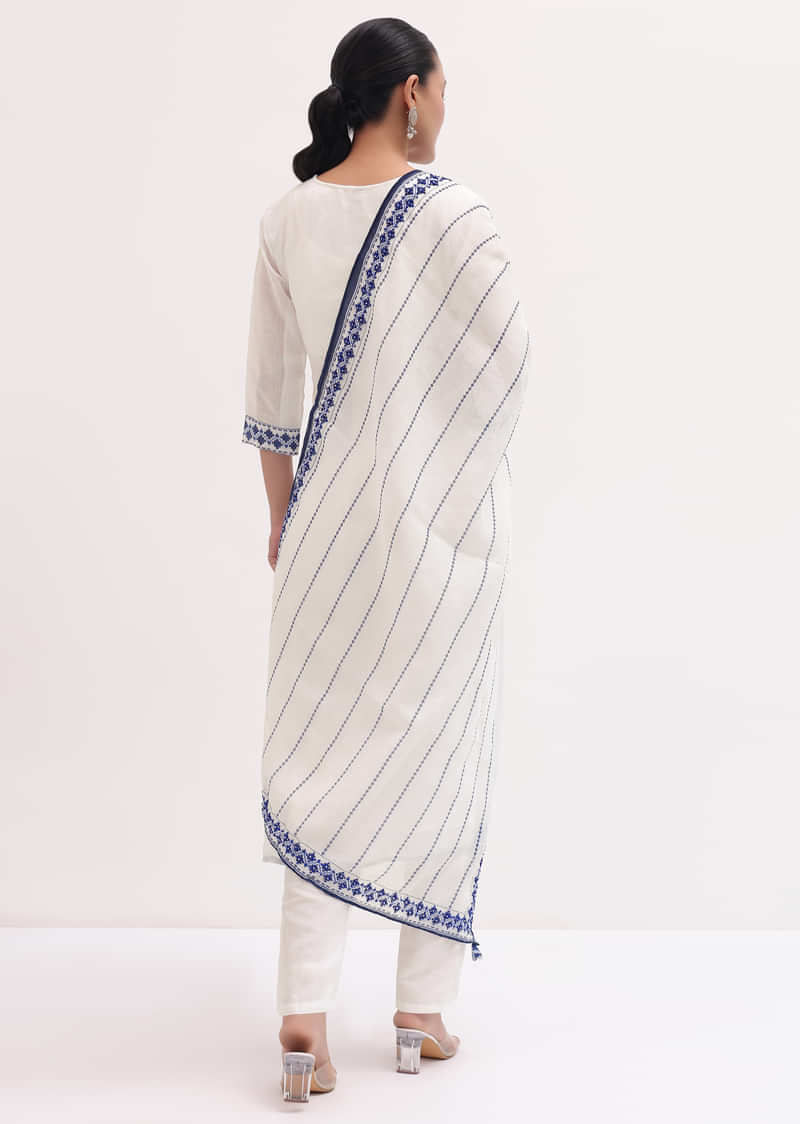 White Embroidered Linen Kurta Pant Set