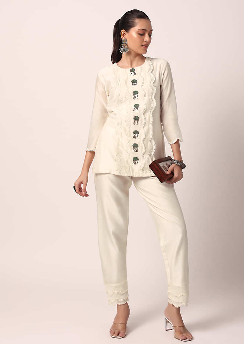 White Pant Set With Embroidered Kurta