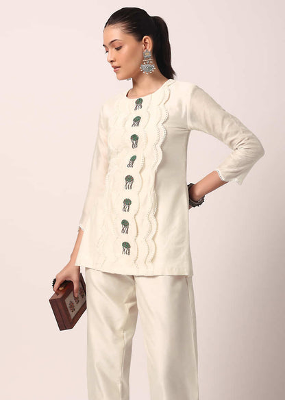 White Pant Set With Embroidered Kurta