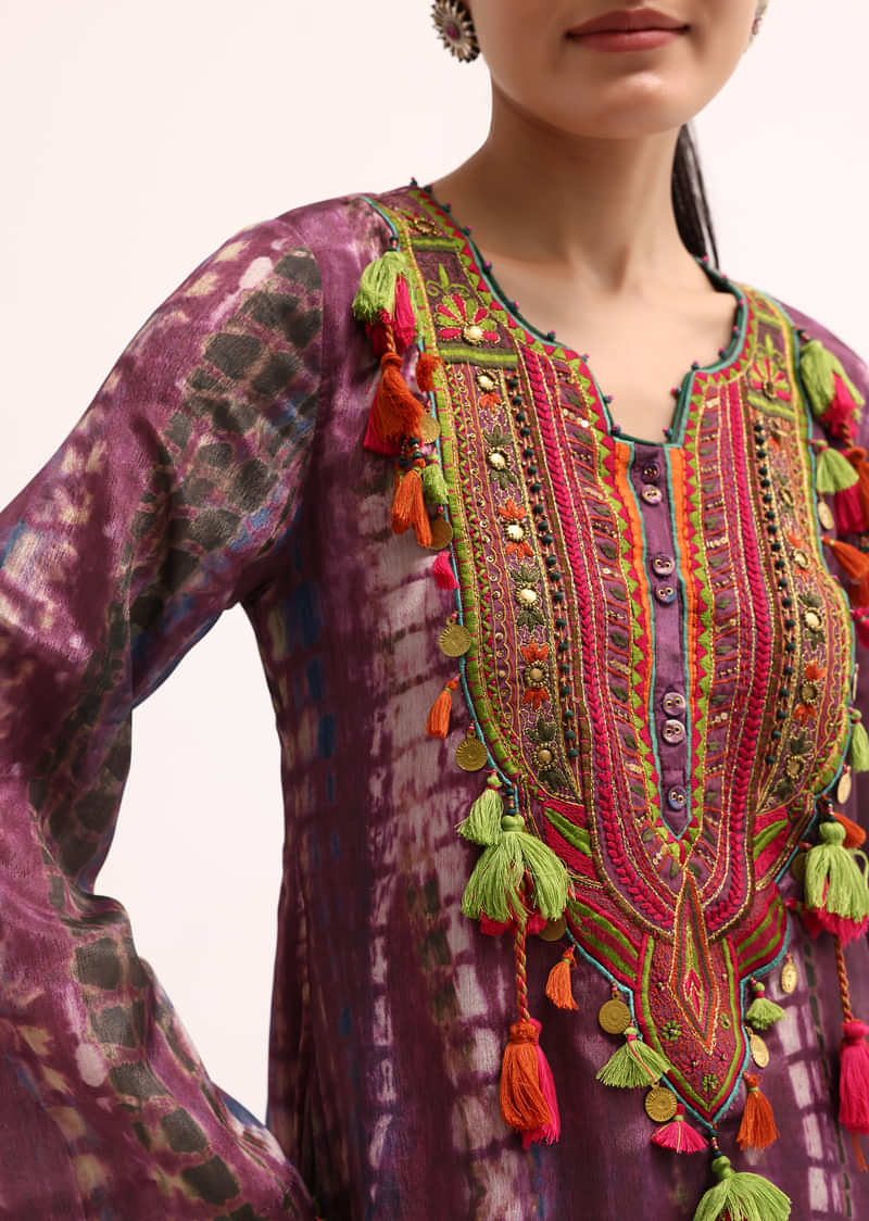 Wine Embroidered Crepe Kurta And Pant