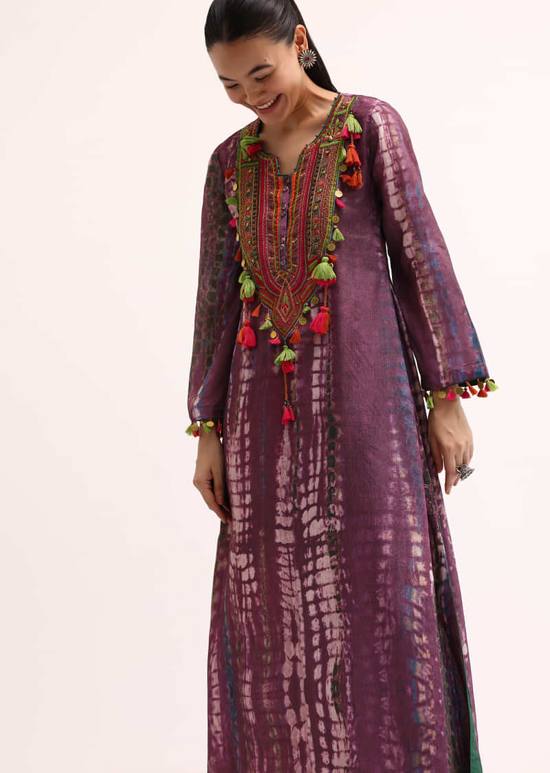 Wine Embroidered Crepe Kurta And Pant