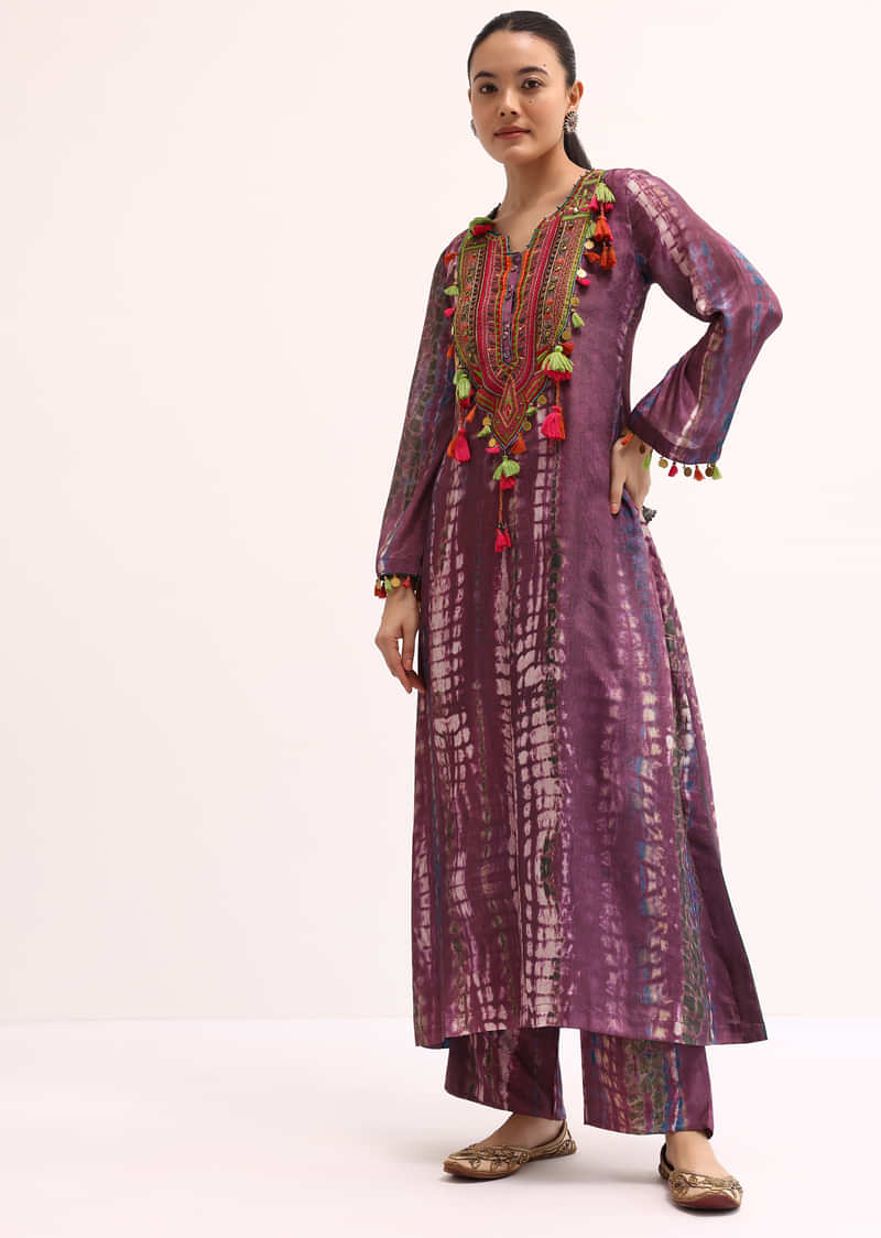 Wine Embroidered Crepe Kurta And Pant