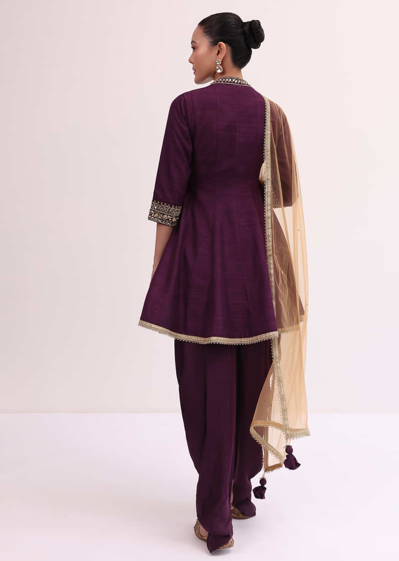 Wine Embroidered Kurta Dhoti Set