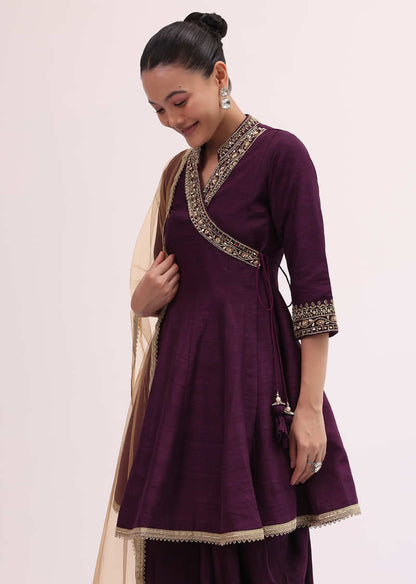 Wine Embroidered Kurta Dhoti Set