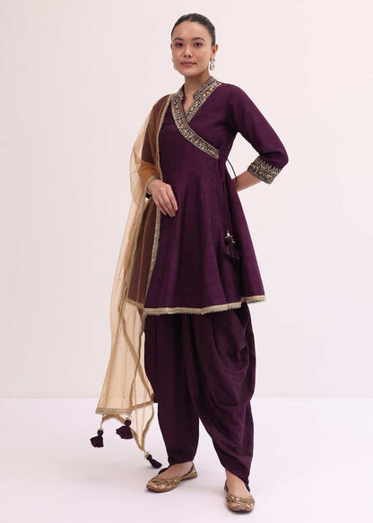 Wine Embroidered Kurta Dhoti Set