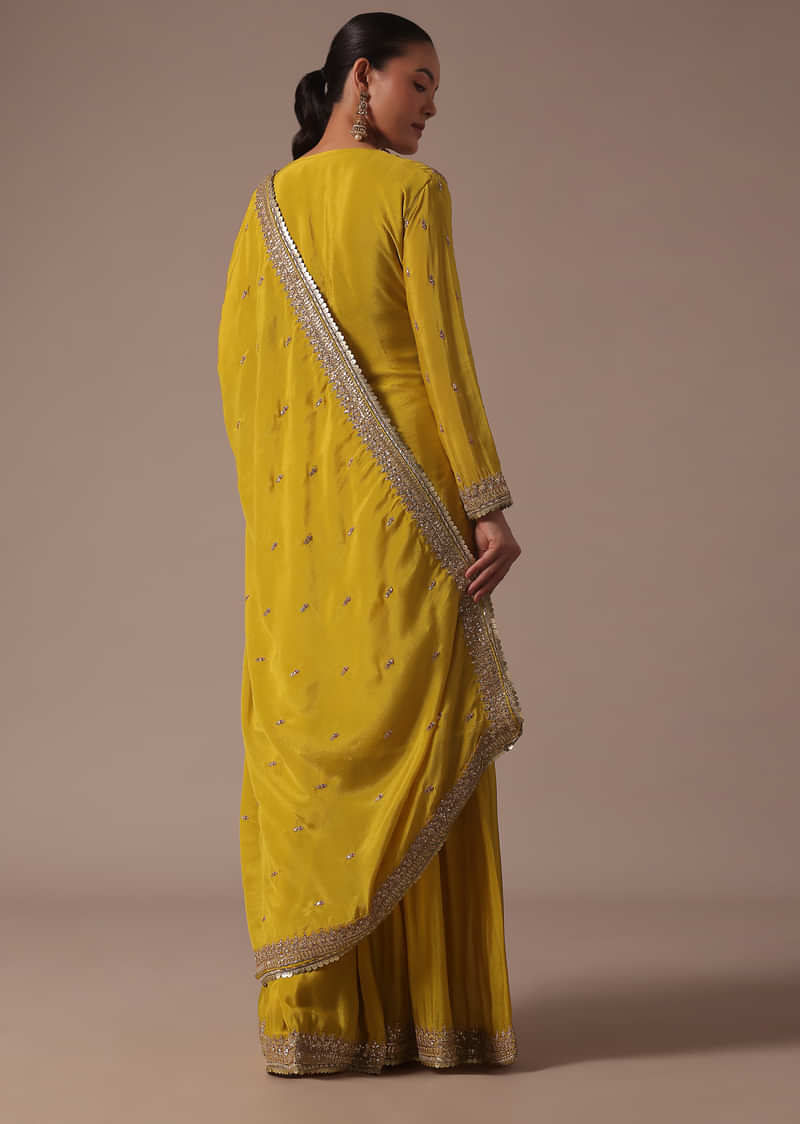 Yellow Chinon Kurta Sharara And Dupatta