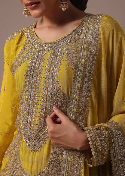 Yellow Chinon Kurta Sharara And Dupatta