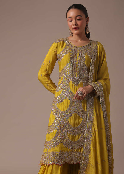 Yellow Chinon Kurta Sharara And Dupatta