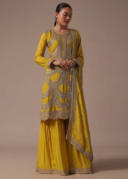 Yellow Chinon Kurta Sharara And Dupatta