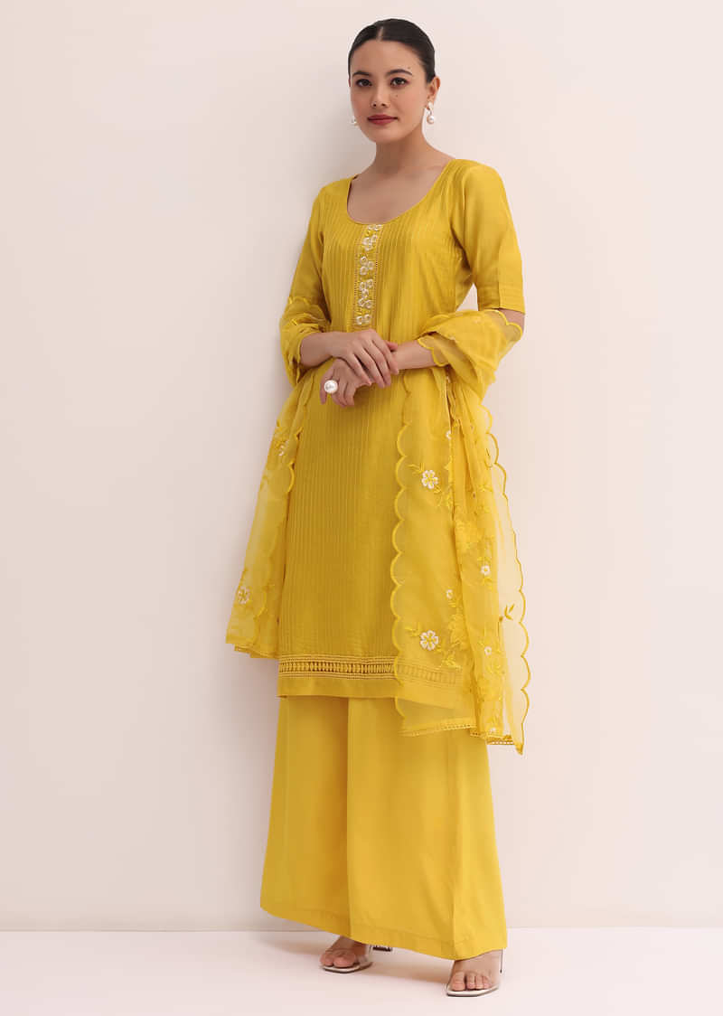 Yellow Embroidered Kurta Palazzo Set