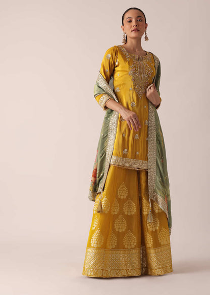 Yellow Kurta Palazzo Set With Brocade Print