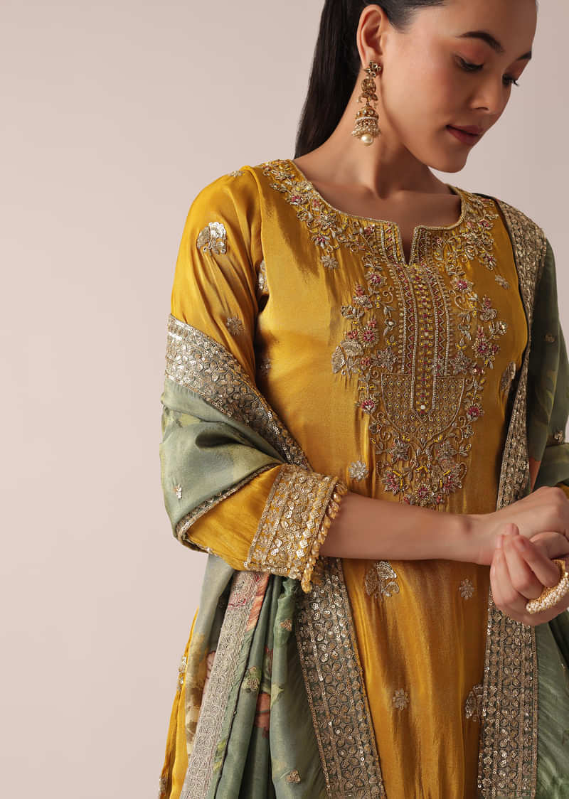 Yellow Kurta Palazzo Set With Brocade Print