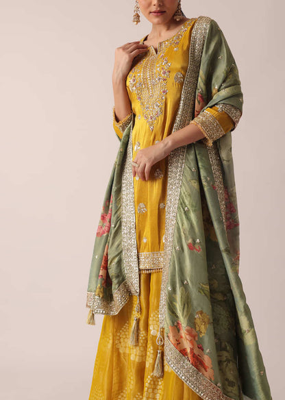 Yellow Kurta Palazzo Set With Brocade Print