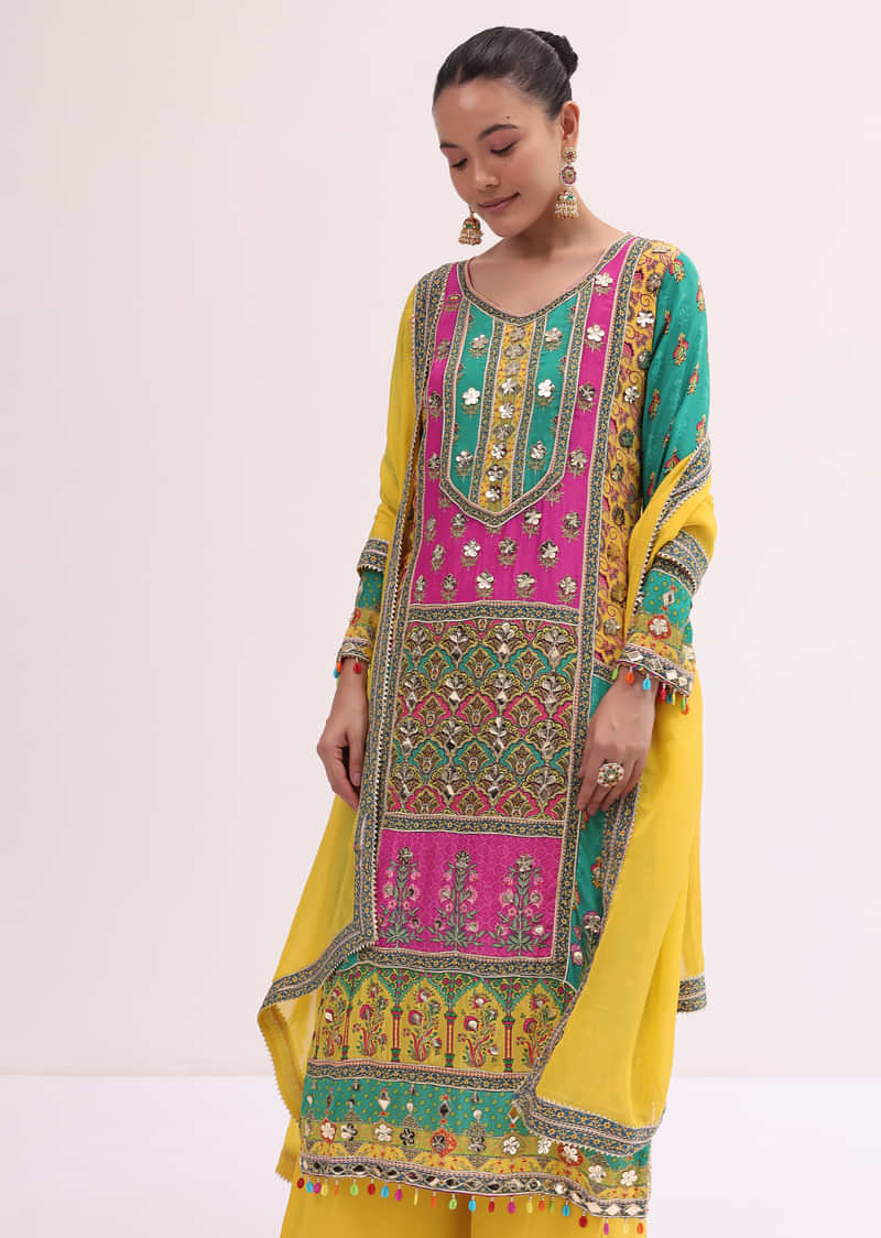 Yellow Multicoloured Kurta Palazzo Set