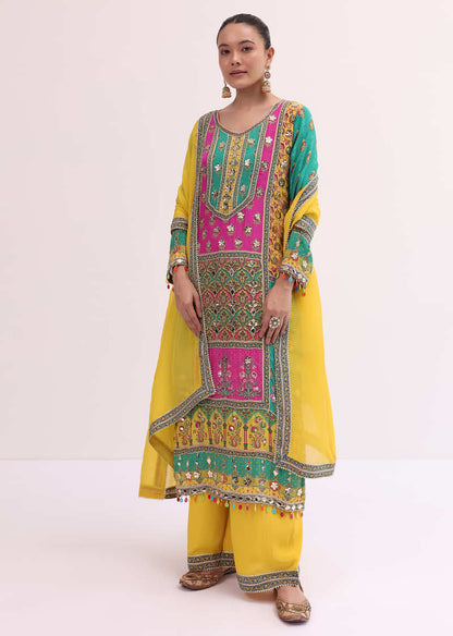 Yellow Multicoloured Kurta Palazzo Set