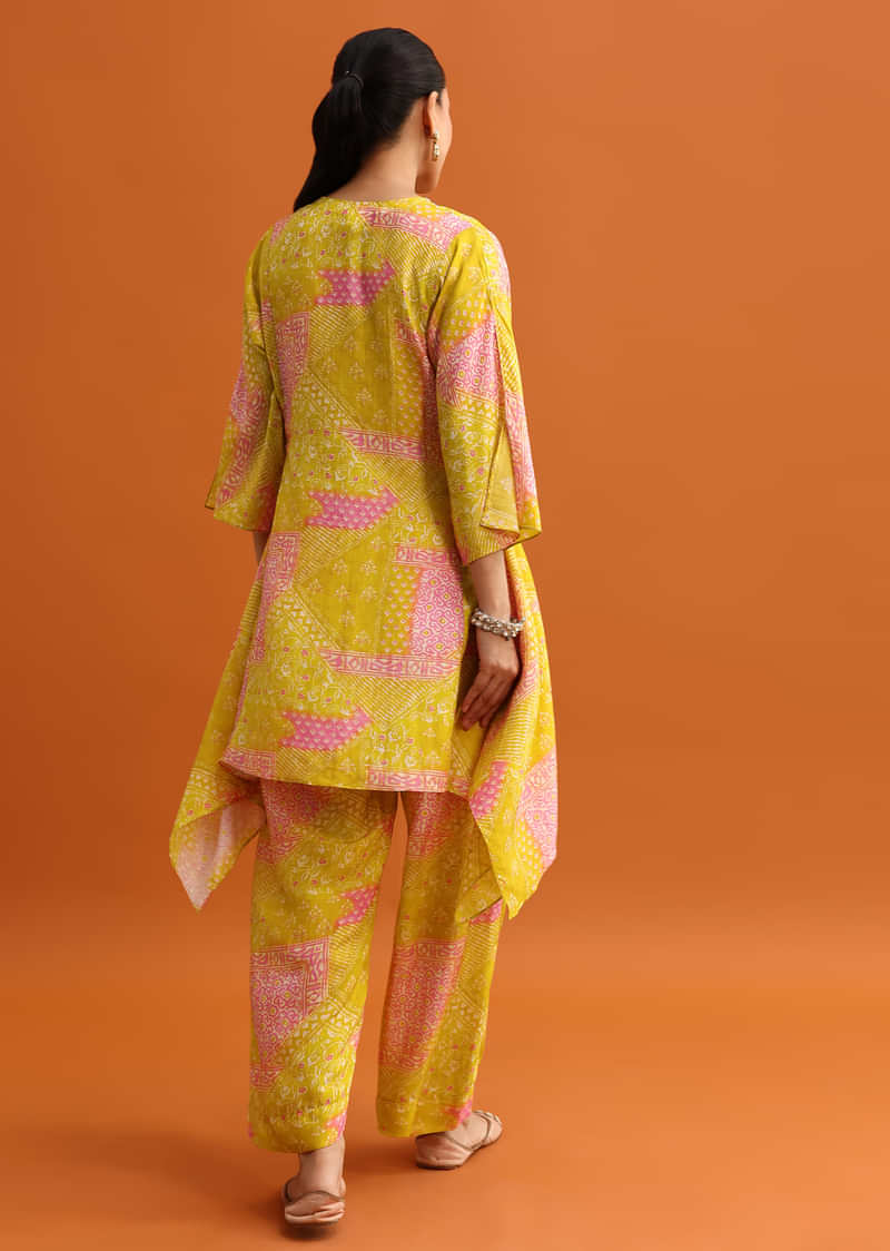 Yellow Printed Asymmetrical Kurta And Pant