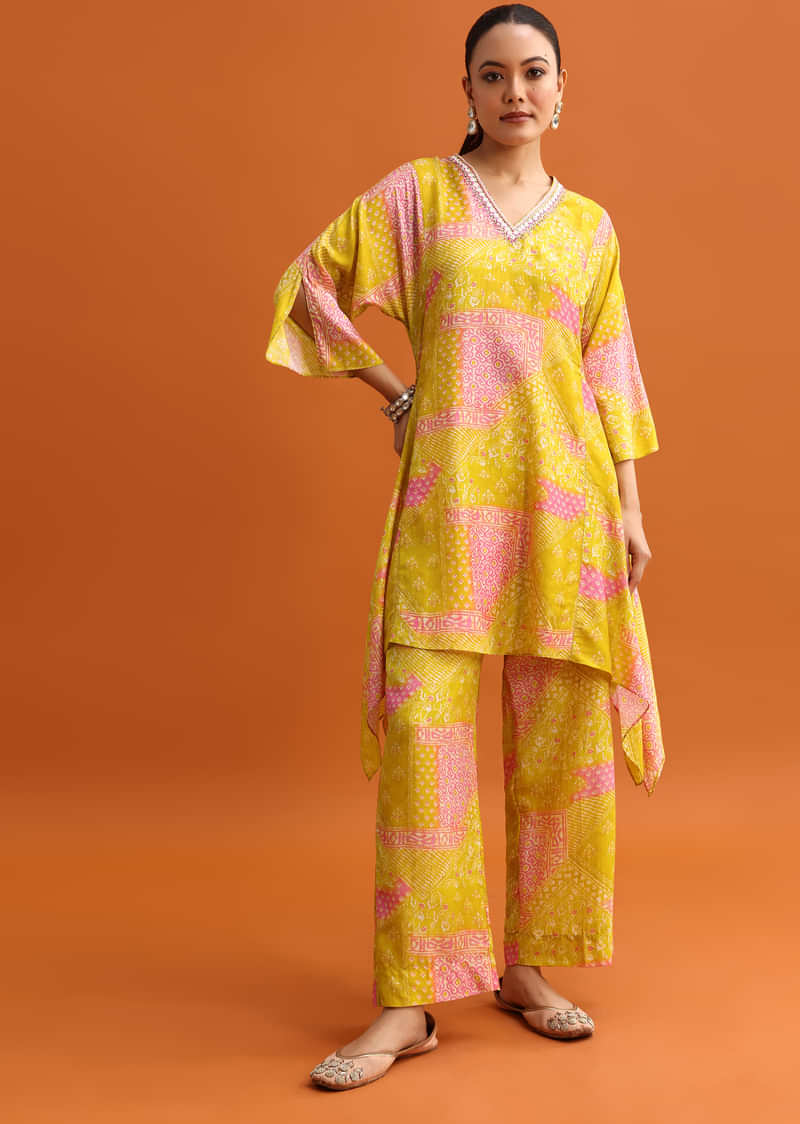 Yellow Printed Asymmetrical Kurta And Pant